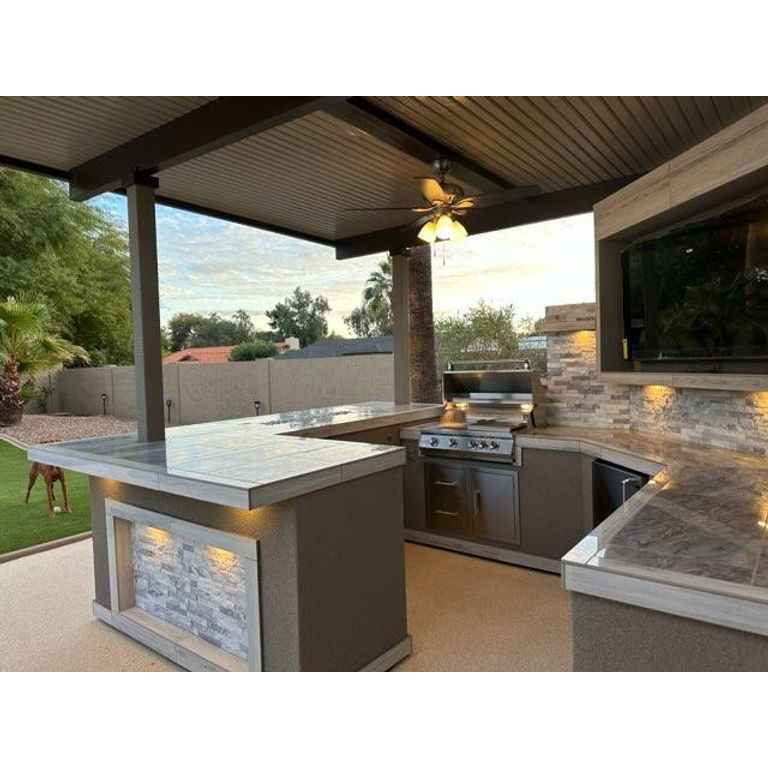 KoKoMo Bermuda Kitchen BBQ Island with Built-In TV, Fire Pit & Bar for Ultimate Outdoor Entertaining