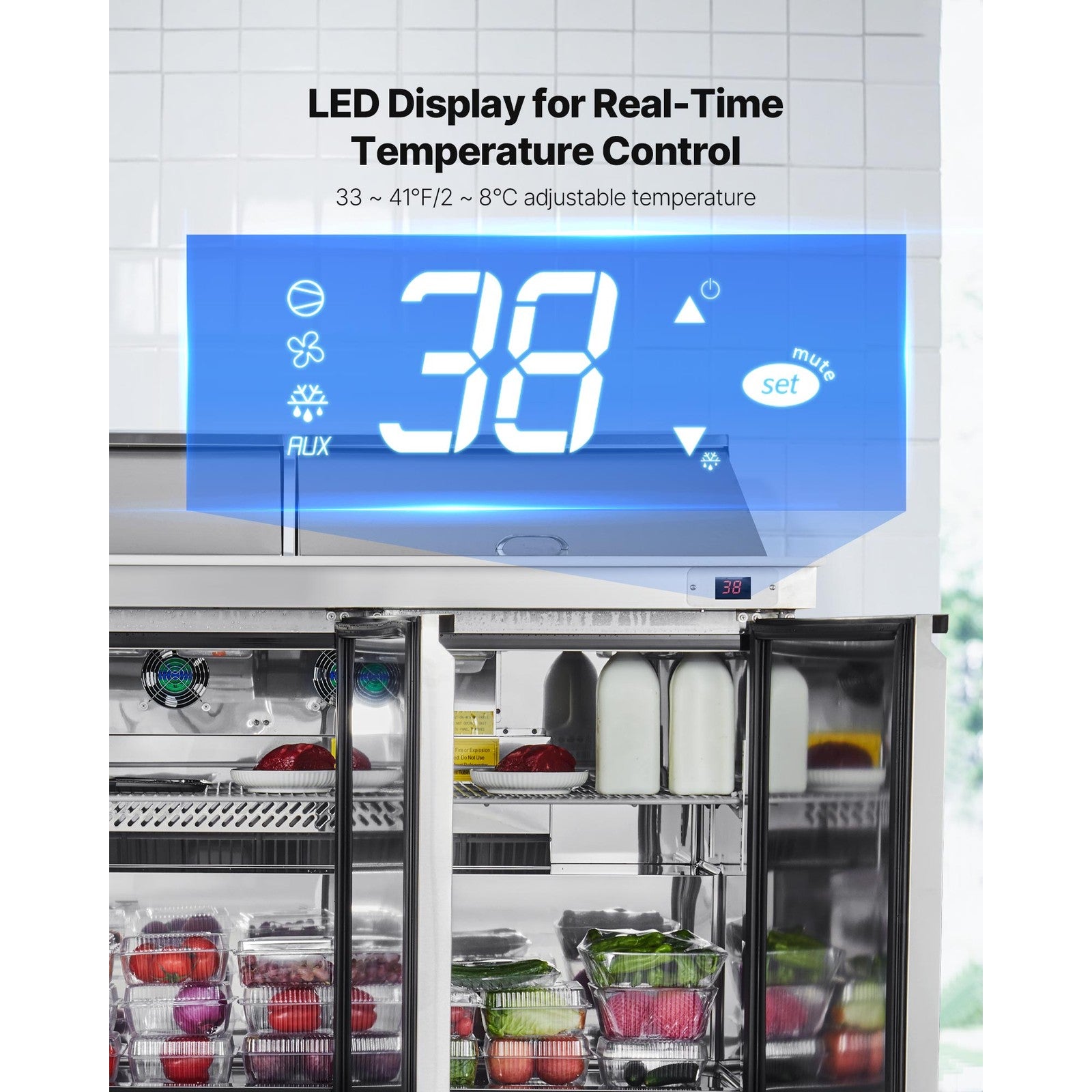 VEVOR 72" Mega Top Commercial Refrigerated Sandwich Prep Station 3 Door W/30 Pan