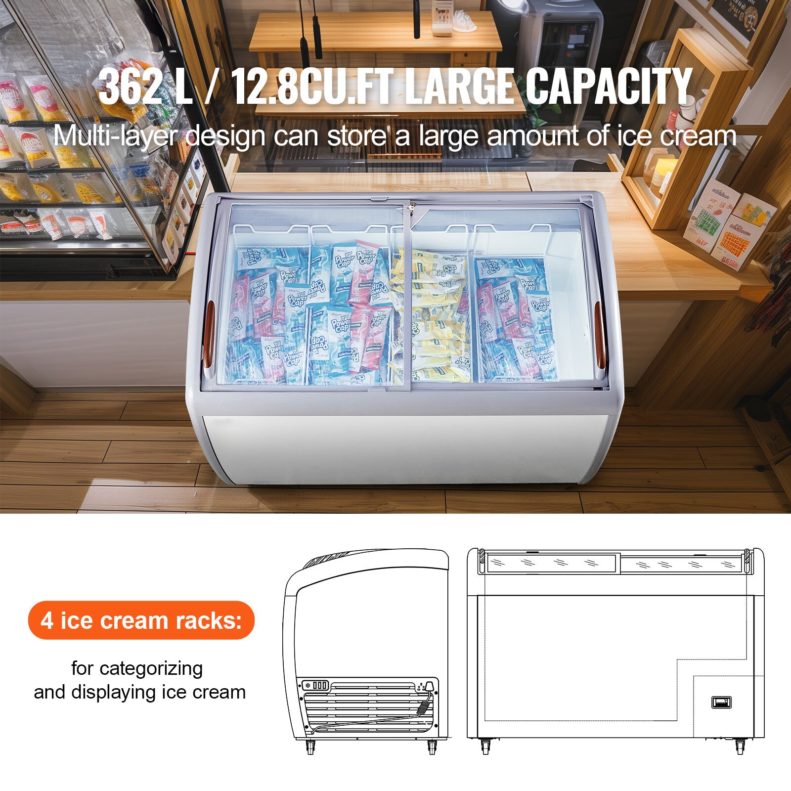 50" Commercial Ice Cream Display Case Gelato Freezer Glass Cabinet 12.8 Cu.Ft
