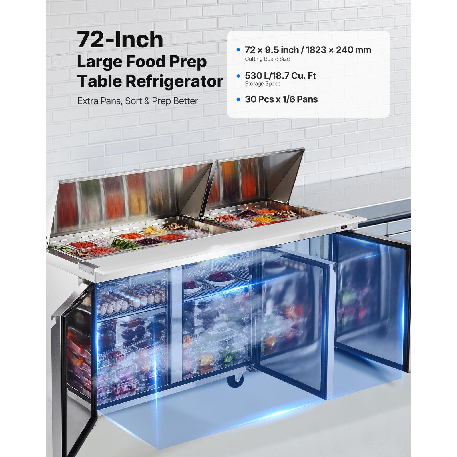 VEVOR 72" Mega Top Commercial Refrigerated Sandwich Prep Station 3 Door W/30 Pan