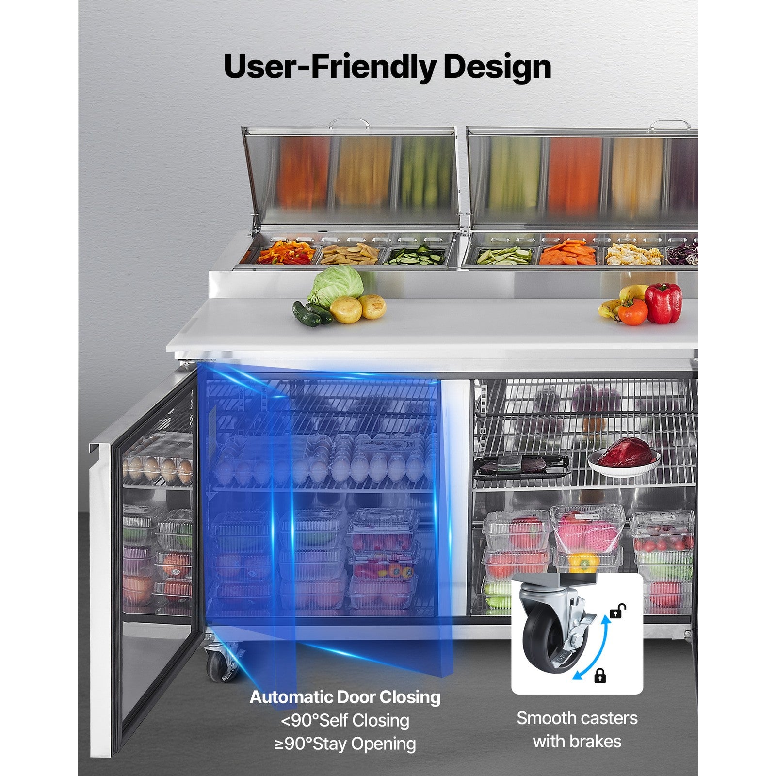 VEVOR Commercial Refrigerated Pizza Prep Table Stainless Steel Fridge Tripledoor