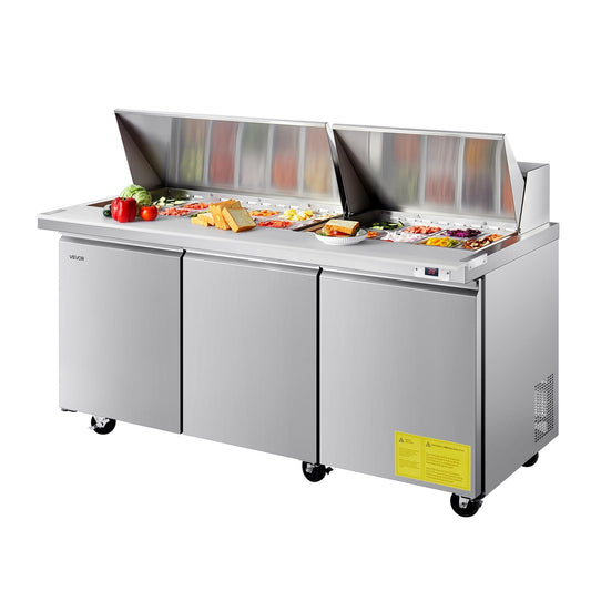 VEVOR 72" Mega Top Commercial Refrigerated Sandwich Prep Station 3 Door W/30 Pan