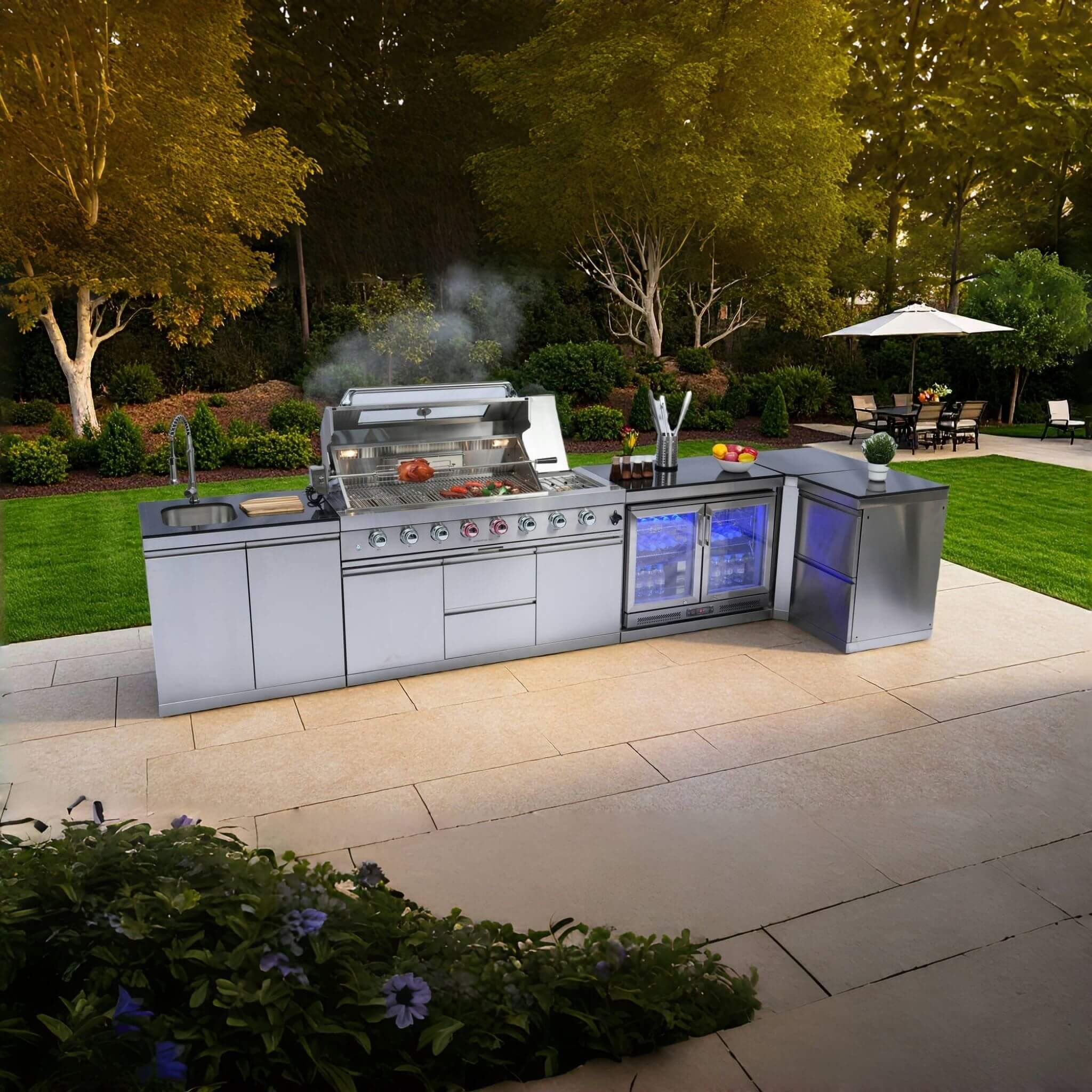 Castelle Flame 62-Inch 6-Burner Gas Outdoor Grill Island With Wine Cooler And Rotisserie (SAK31642)