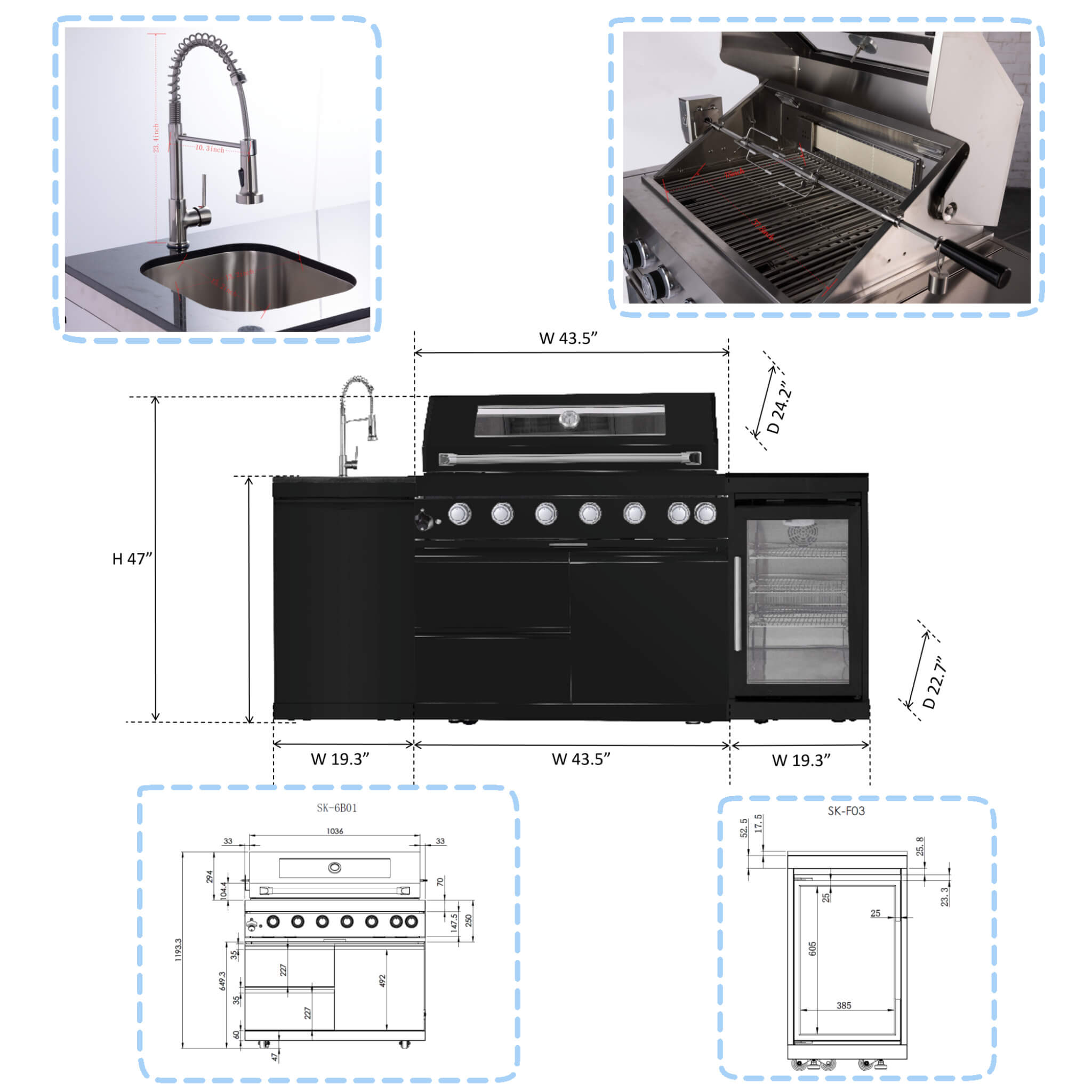 Castelle Flame 85K BTU Outdoor BBQ Kitchen Grill Island With 43-Inch 6-Burner Grill, Wine Fridge, Rotisserie Kit, And Sink (SAK23864)