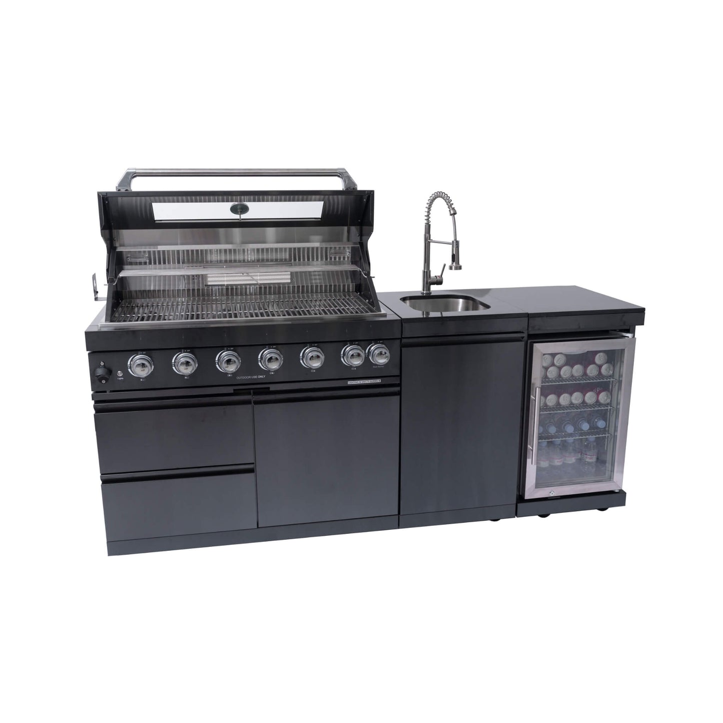 Castelle Flame 85K BTU Outdoor BBQ Kitchen Grill Island With 43-Inch 6-Burner Grill, Wine Fridge, Rotisserie Kit, And Sink (SAK23864)