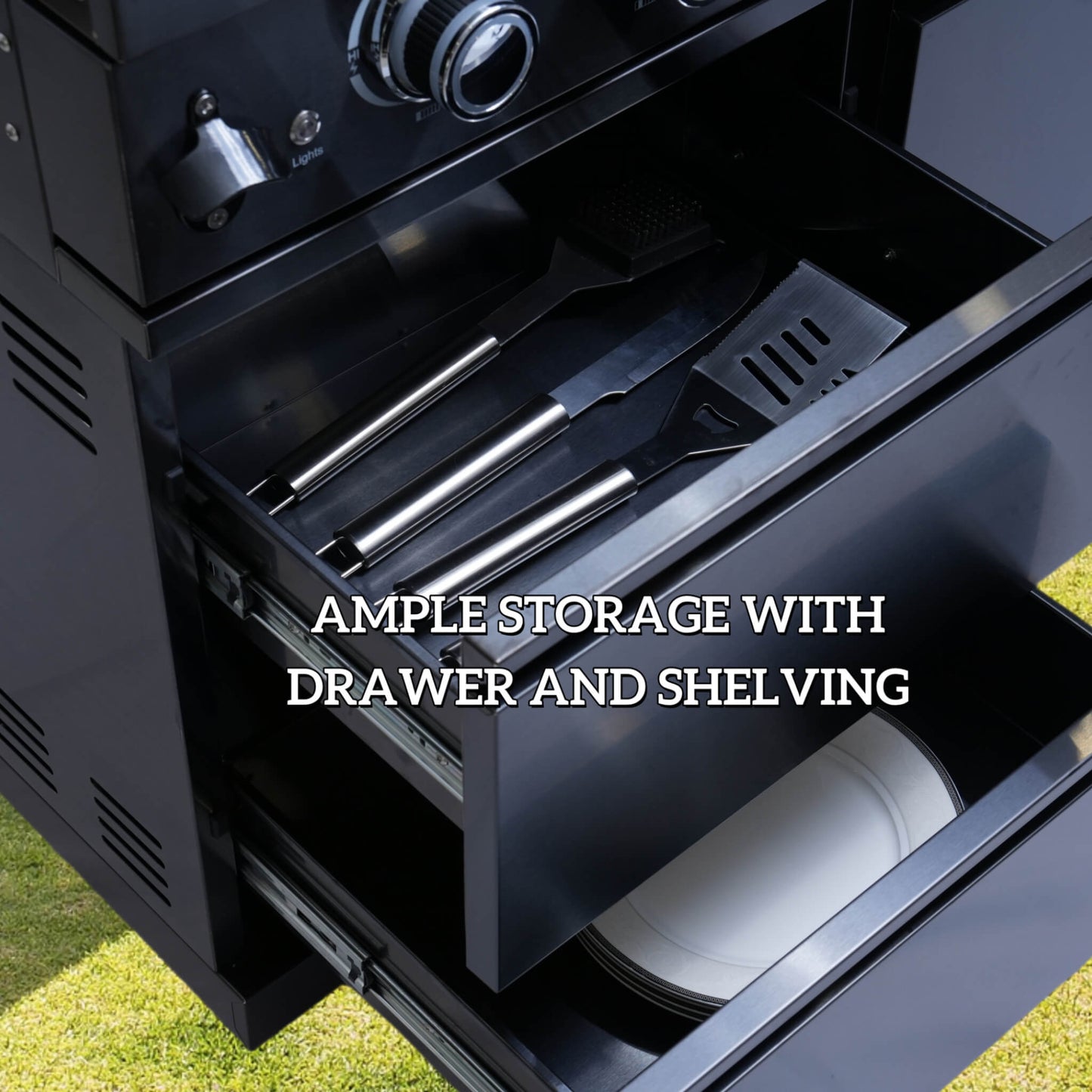 Castelle Flame 85K BTU Outdoor BBQ Kitchen Grill Island With 43-Inch 6-Burner Grill, Wine Fridge, Rotisserie Kit, And Sink (SAK23864)