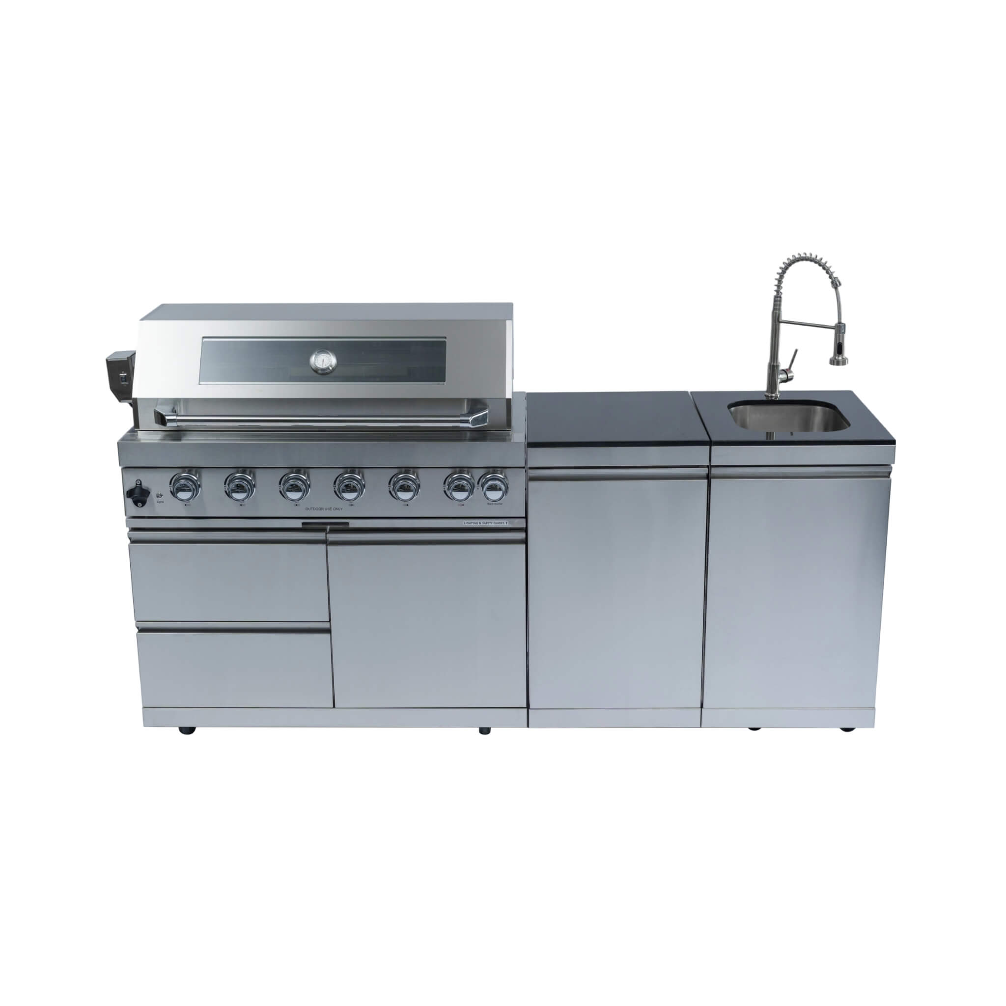 Castelle Flame Valmont 85K BTU Outdoor BBQ Kitchen Grill Island With 43-Inch 6-Burner Grill, Granite Countertops, Rotisserie Kit, Cabinets, And Sink (SAK73518)