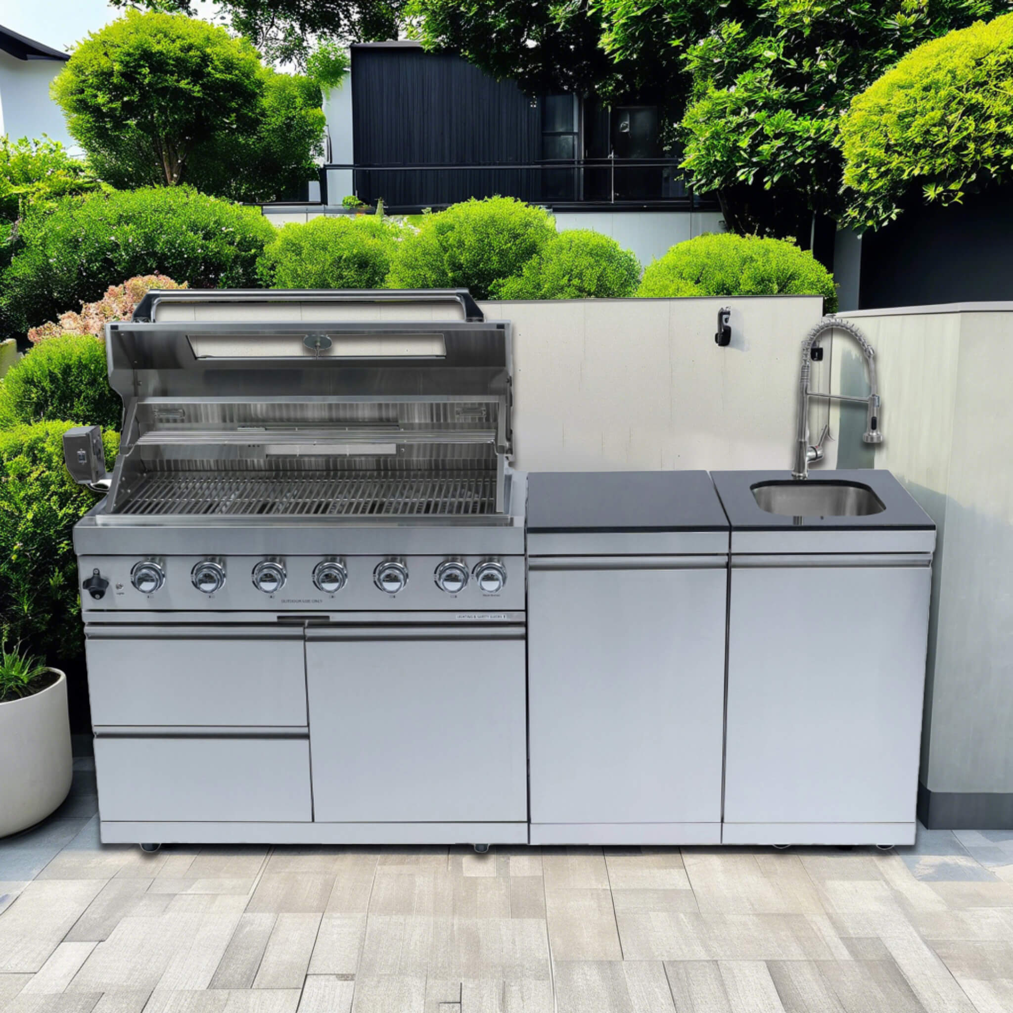 Castelle Flame Valmont 85K BTU Outdoor BBQ Kitchen Grill Island With 43-Inch 6-Burner Grill, Granite Countertops, Rotisserie Kit, Cabinets, And Sink (SAK73518)