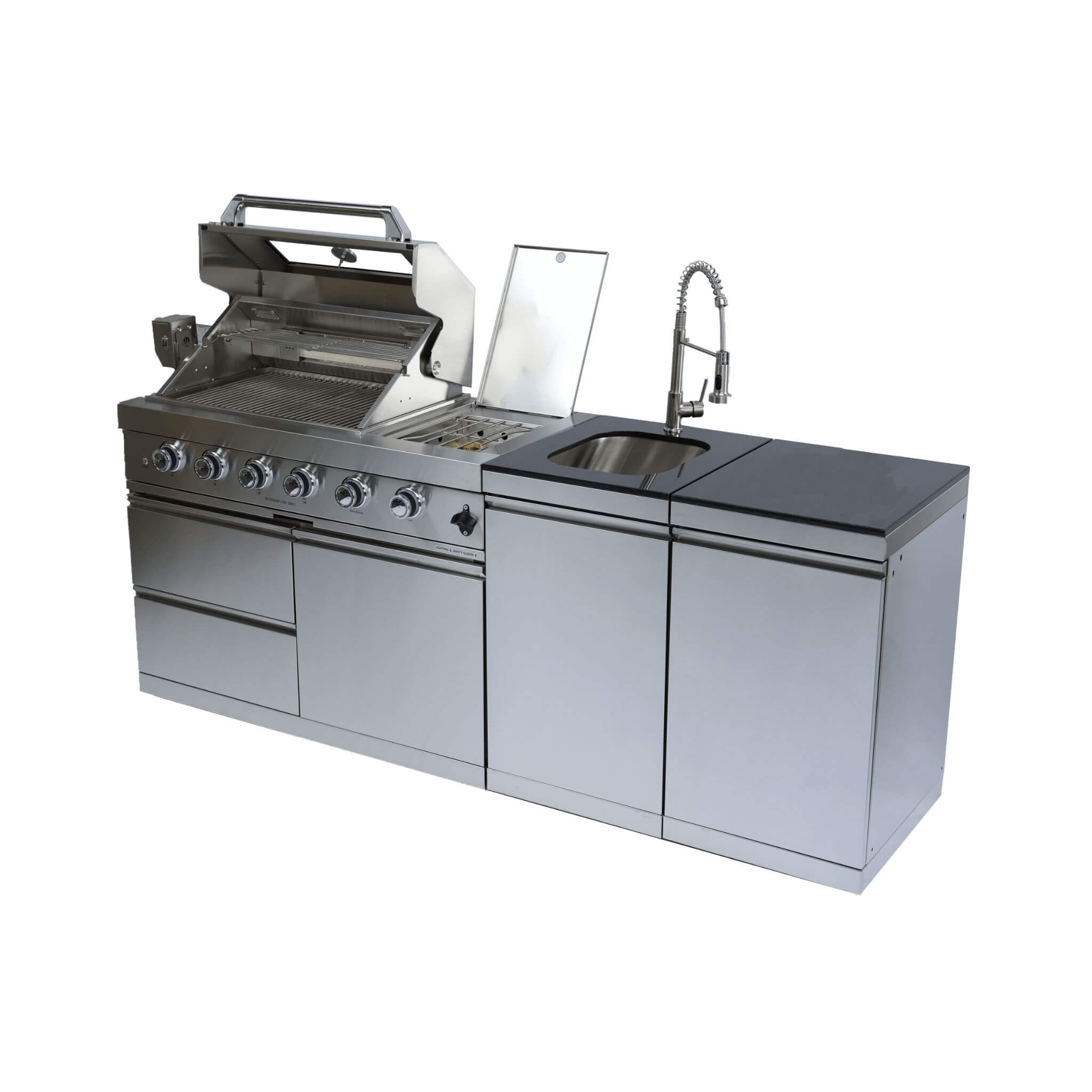 Castelle Flame Aurelia 72K BTU Stainless Steel Outdoor BBQ Kitchen Grill Island With 46-Inch 4-Burner 85K BTU Grill, Rotisserie Kit, And Cabinets (SAK93192)