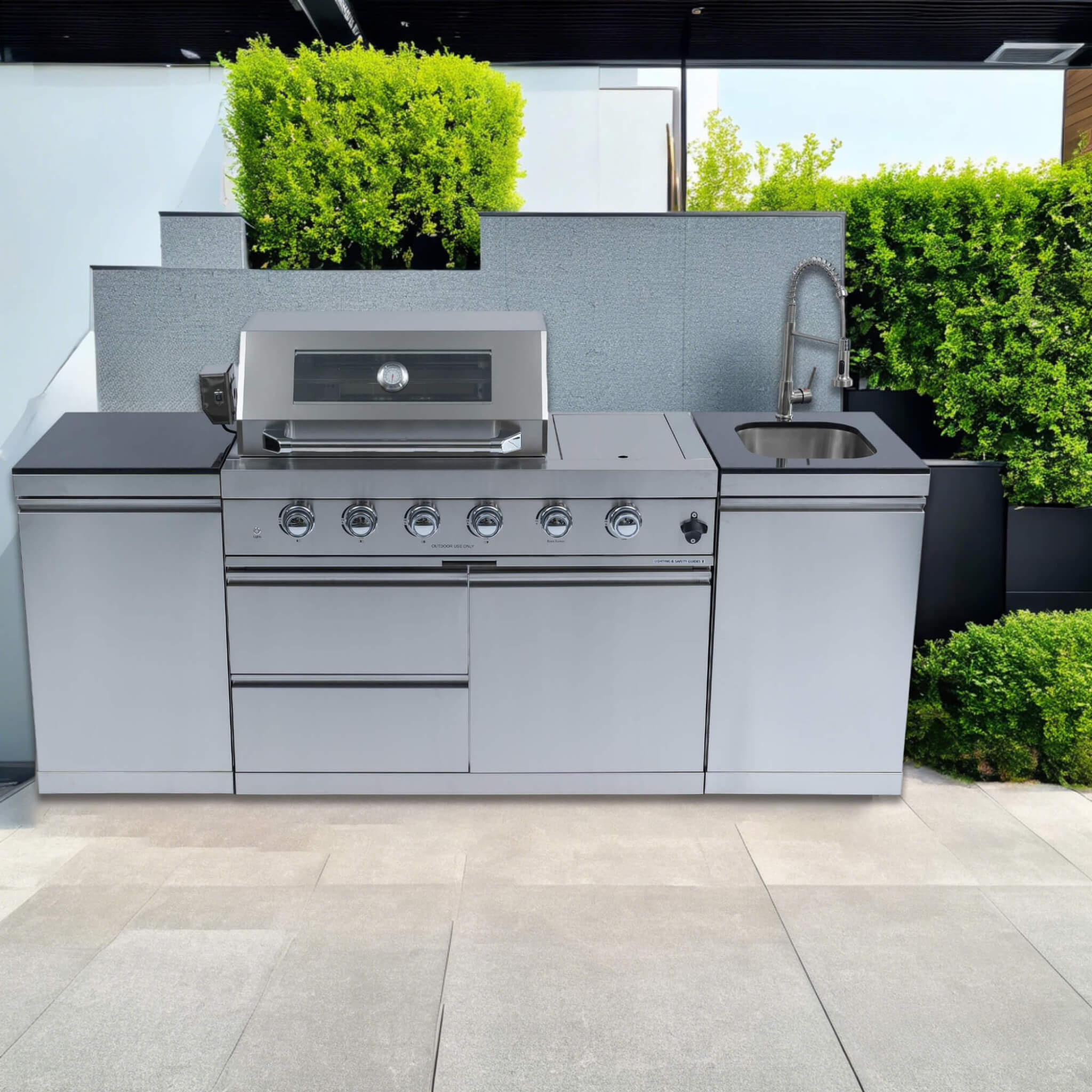 Castelle Flame Aurelia 72K BTU Stainless Steel Outdoor BBQ Kitchen Grill Island With 46-Inch 4-Burner 85K BTU Grill, Rotisserie Kit, And Cabinets (SAK93192)