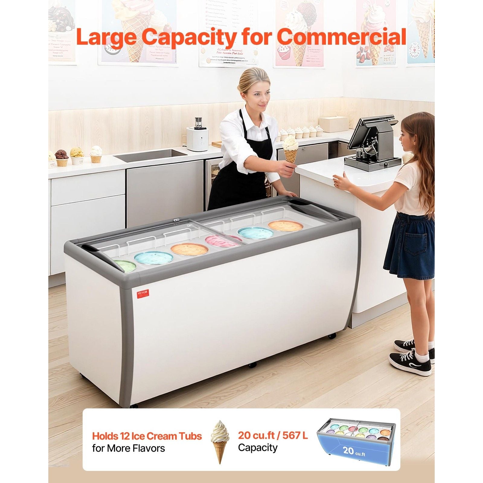 VEVOR Commercial Ice Cream Display Case 20 Cu.Ft Gelato Dipping Freezer Cabinet