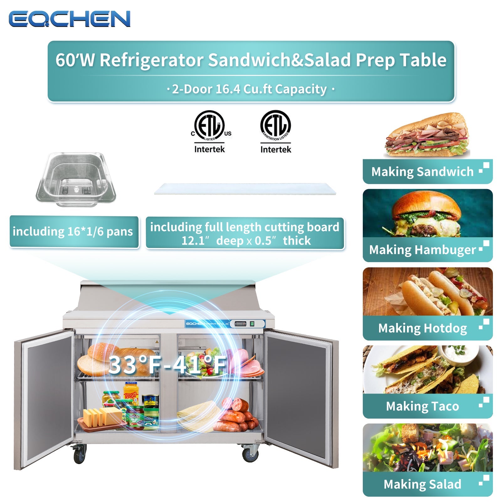 60 inch Salad Sandwich Prep Table Refrigerator, Stainless Steel Food Prep Cooler