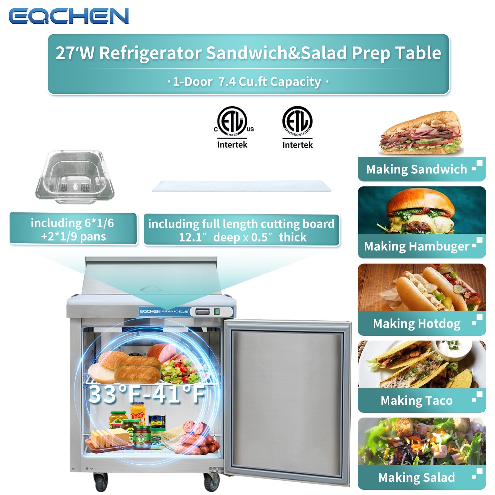 EQCHEN 27 Inch Sandwich Prep Table Refrigerator