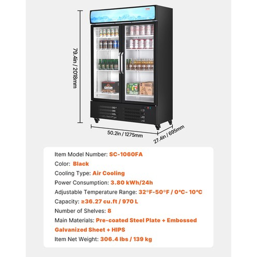 VEVOR Commercial Merchandiser Refrigerator 36.27CU.FT Glass Door Beverage Fridge