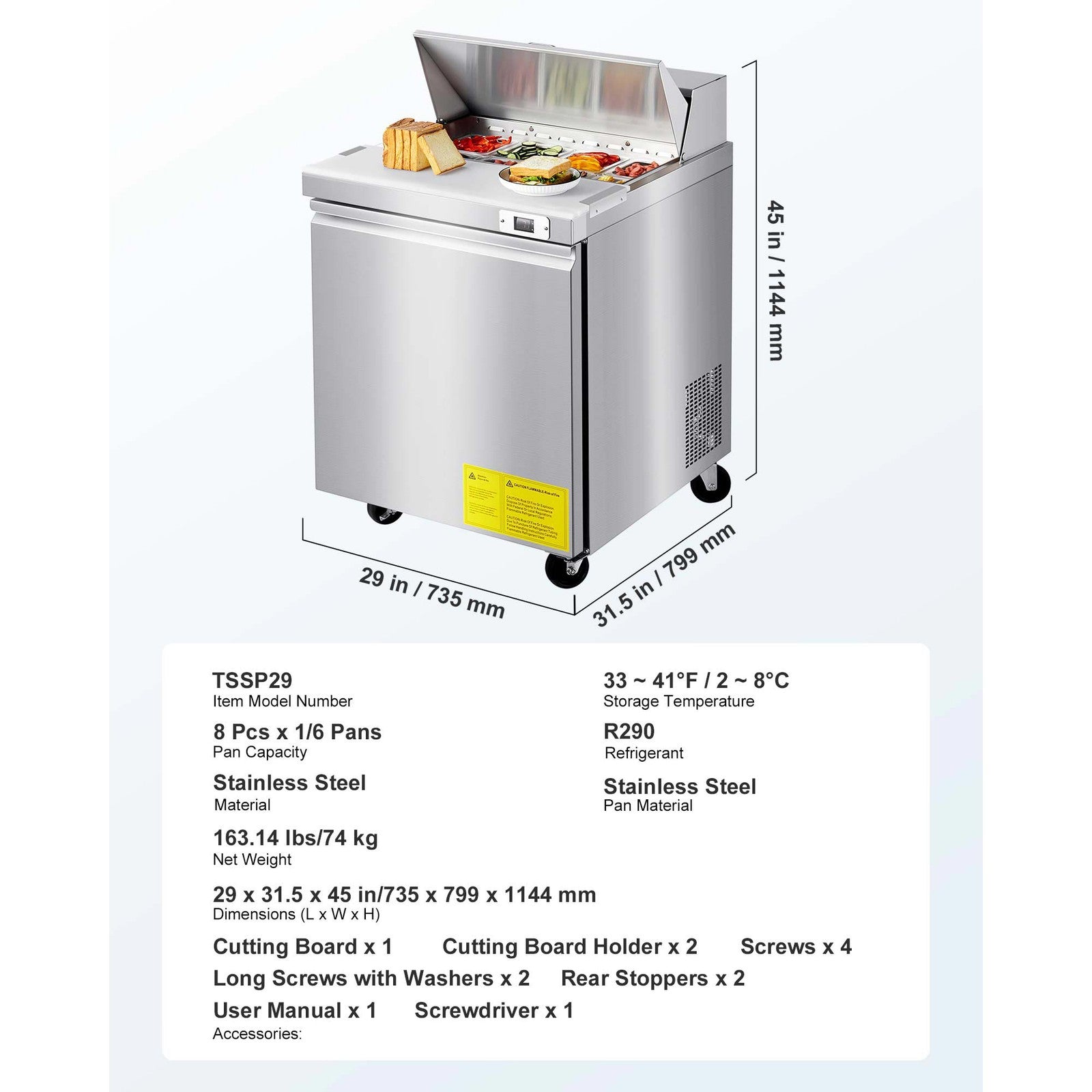 Commercial Refrigerated Sandwich Prep Worktable Stainless Steel Single Door