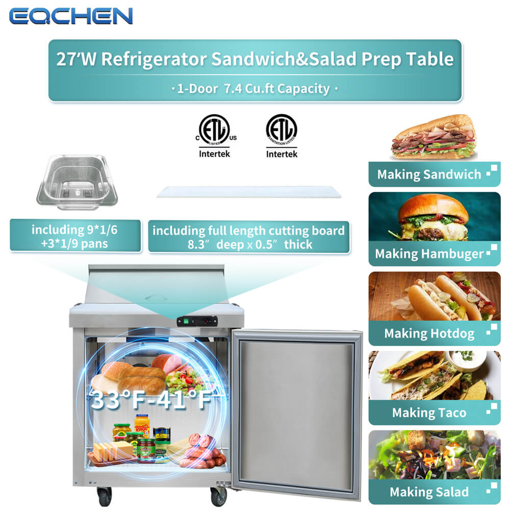 27 inch Salad Sandwich Prep Table Refrigerator, Mega Top, Stainless Steel Food Prep Cooler