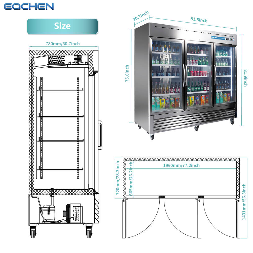 EQCHEN 82 Inch 3 Glass Door Commercial Refrigerator