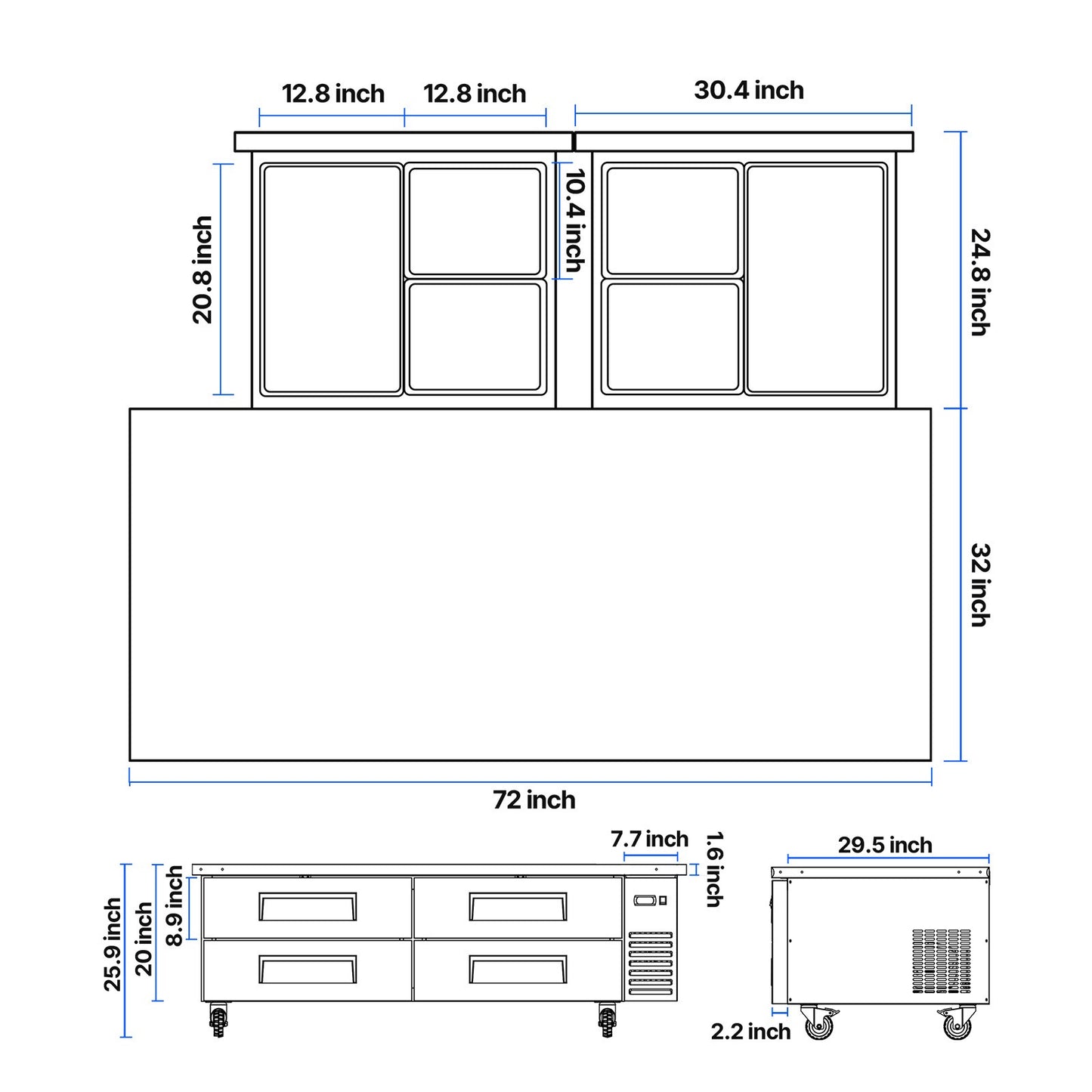 72 Inch Commercial Chef Base Refr