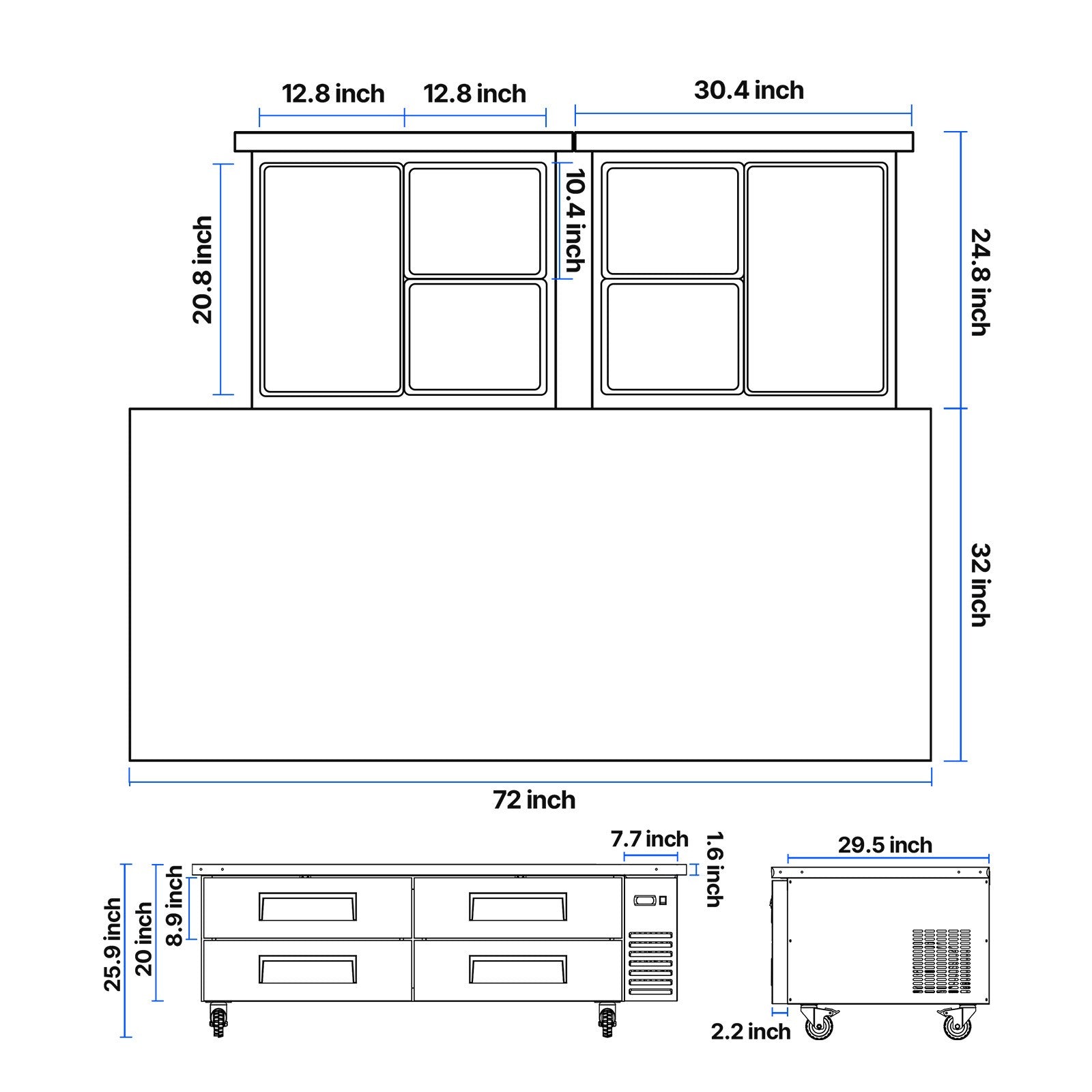 72 Inch Commercial Chef Base Refr