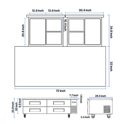 72 Inch Commercial Chef Base Refr