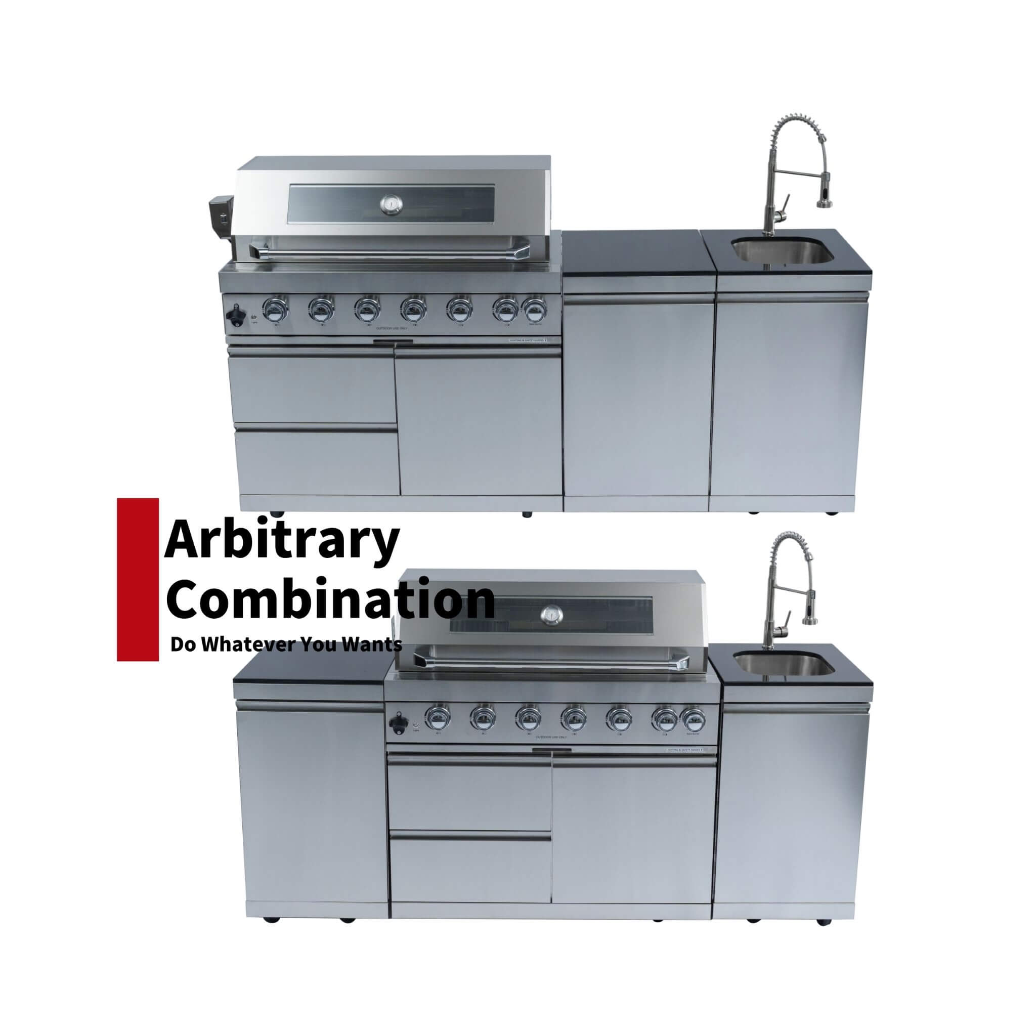 Castelle Flame Valmont 85K BTU Outdoor BBQ Kitchen Grill Island With 43-Inch 6-Burner Grill, Granite Countertops, Rotisserie Kit, Cabinets, And Sink (SAK73518)